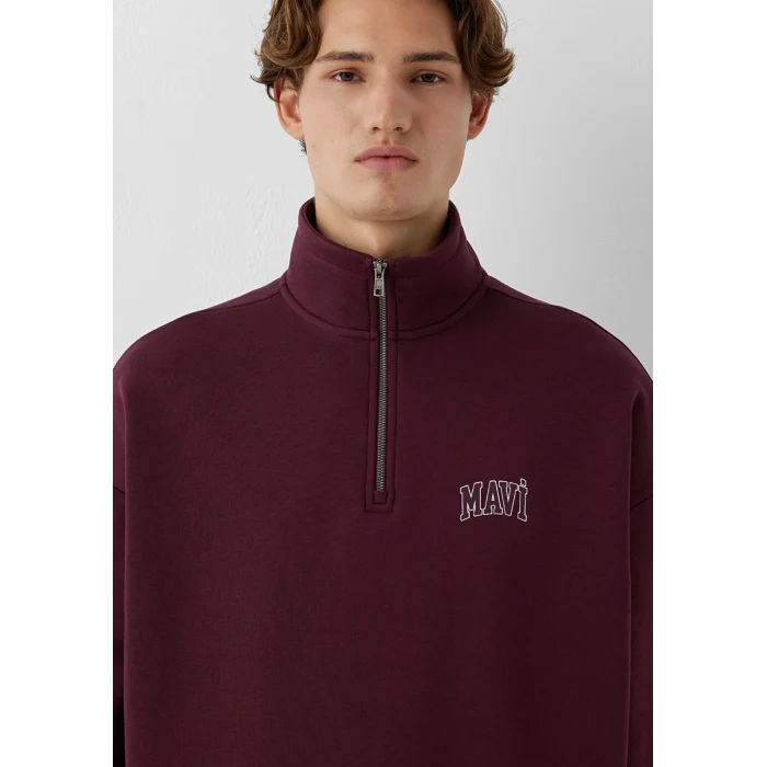 Mavi 0S10208-70434 Mavi Logo Baskılı Yarı Fermuarlı Bordo Sweatshirt