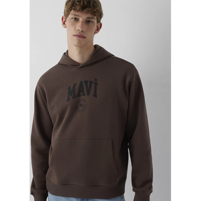 Mavi 0S10646-71603 Mavi Logo Baskılı Kapüşonlu Kahverengi Sweatshirt