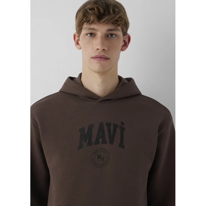 Mavi 0S10646-71603 Mavi Logo Baskılı Kapüşonlu Kahverengi Sweatshirt
