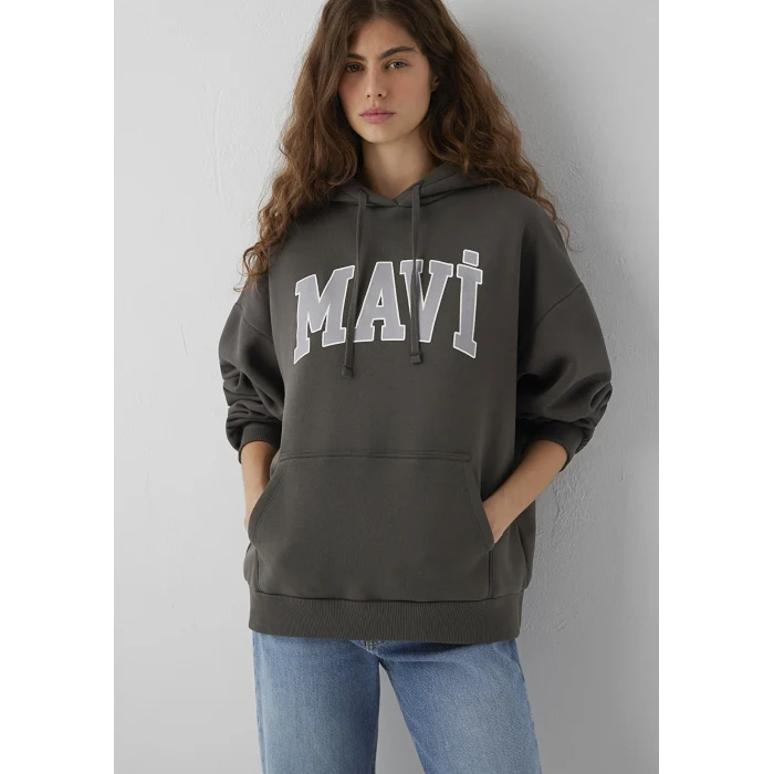 Mavi 1600361-71598 Mavi Logo Baskılı Kapüşonlu Haki Sweatshirt