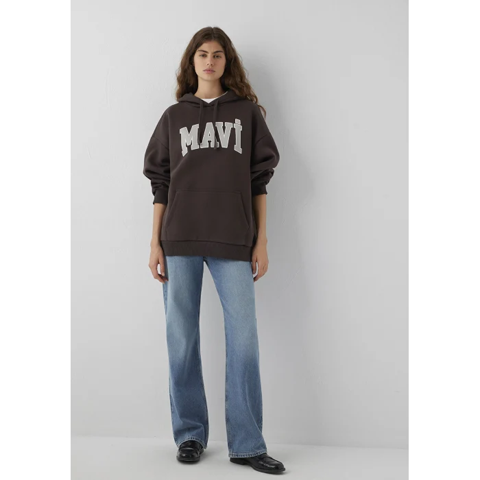 Mavi 1600361-70240 Mavi Logo Baskılı Kapüşonlu Kahverengi Sweatshirt