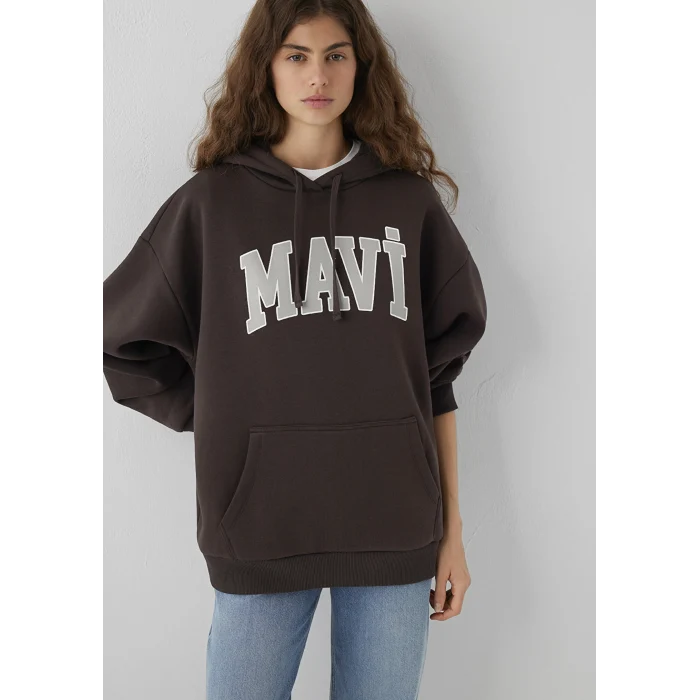 Mavi 1600361-70240 Mavi Logo Baskılı Kapüşonlu Kahverengi Sweatshirt