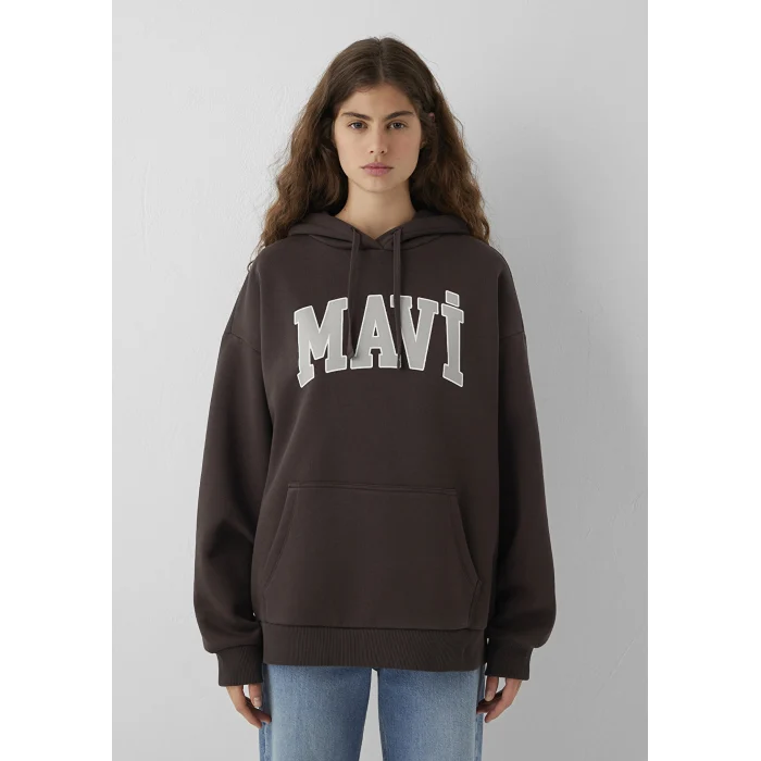 Mavi 1600361-70240 Mavi Logo Baskılı Kapüşonlu Kahverengi Sweatshirt