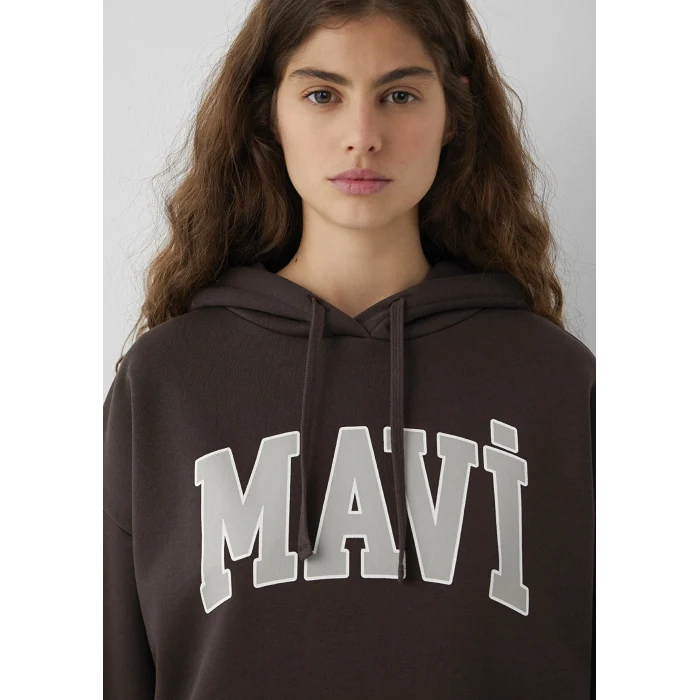 Mavi 1600361-70240 Mavi Logo Baskılı Kapüşonlu Kahverengi Sweatshirt