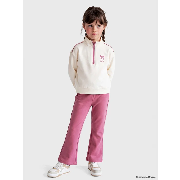LCW Kids Ekru Dik Yaka Kız Çocuk Soft Touch Taytlı Takım