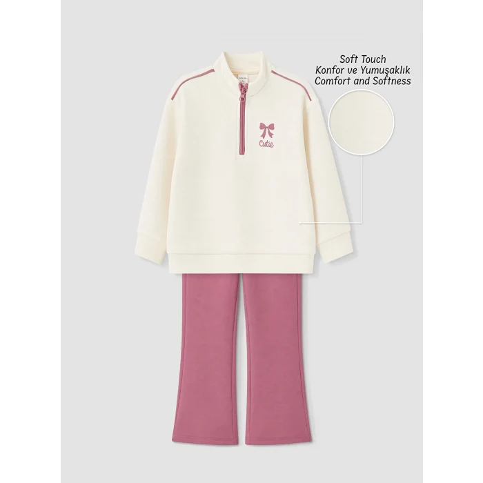 LCW Kids Ekru Dik Yaka Kız Çocuk Soft Touch Taytlı Takım