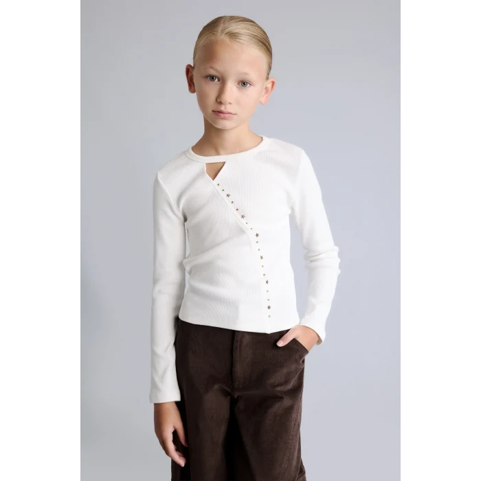 Defacto I6183A8ER105 Ekru Slim Fit Bisiklet Yaka Pencere ve Yıldız Taş Detaylı Fitilli Kaşkorse Tişört Kız Çocuk
