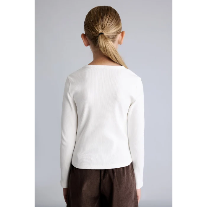 Defacto I6183A8ER105 Ekru Slim Fit Bisiklet Yaka Pencere ve Yıldız Taş Detaylı Fitilli Kaşkorse Tişört Kız Çocuk