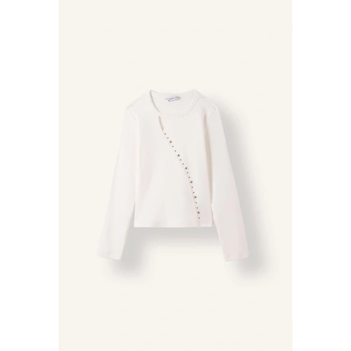 Defacto I6183A8ER105 Ekru Slim Fit Bisiklet Yaka Pencere ve Yıldız Taş Detaylı Fitilli Kaşkorse Tişört Kız Çocuk