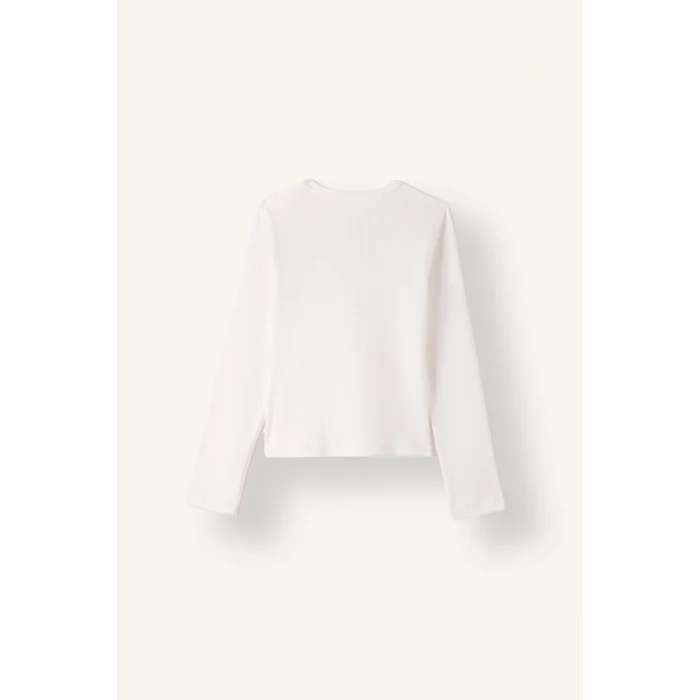Defacto I6183A8ER105 Ekru Slim Fit Bisiklet Yaka Pencere ve Yıldız Taş Detaylı Fitilli Kaşkorse Tişört Kız Çocuk