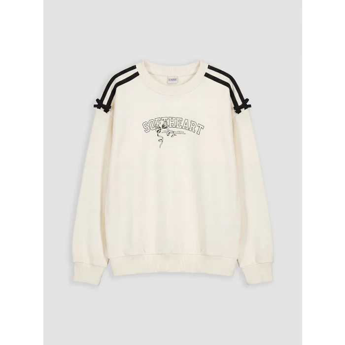 LCW Kids Ekru Fiyonklu Baskılı Kız Çocuk Sweatshirt