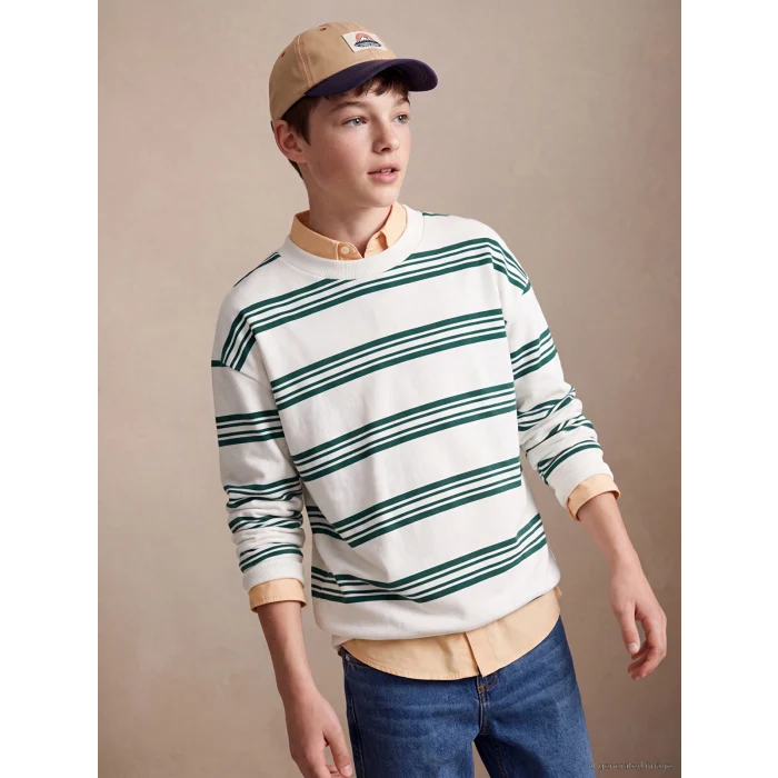 LCW Kids Yeşil Bisiklet Yaka Çizgili Uzun Kollu Erkek Çocuk Tişört