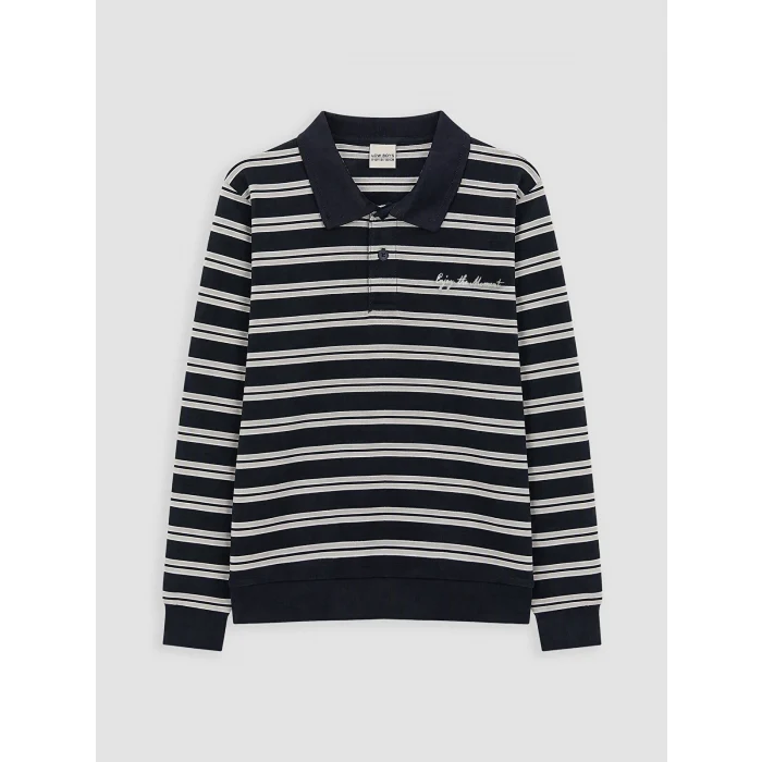 LCW Kids Lacivert Polo Yaka Çizgili Erkek Çocuk Sweatshirt