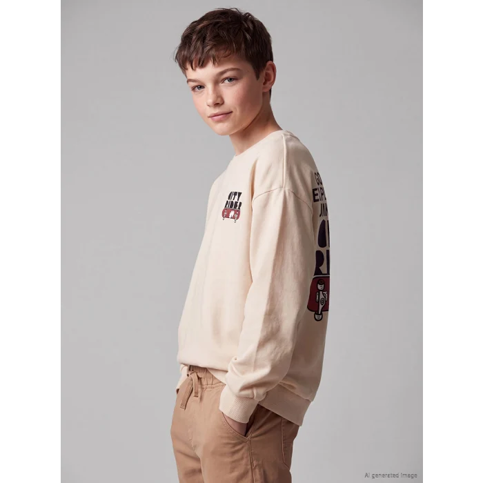 LCW Kids Bej Baskılı Erkek Çocuk Kalın Sweatshirt