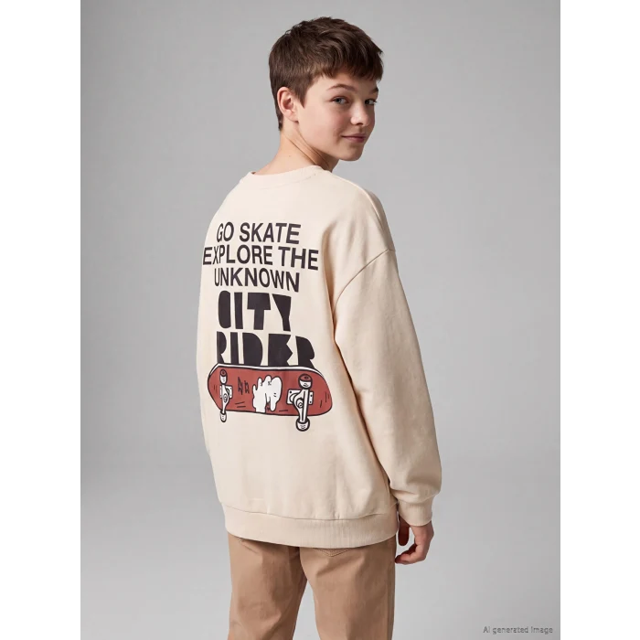 LCW Kids Bej Baskılı Erkek Çocuk Kalın Sweatshirt