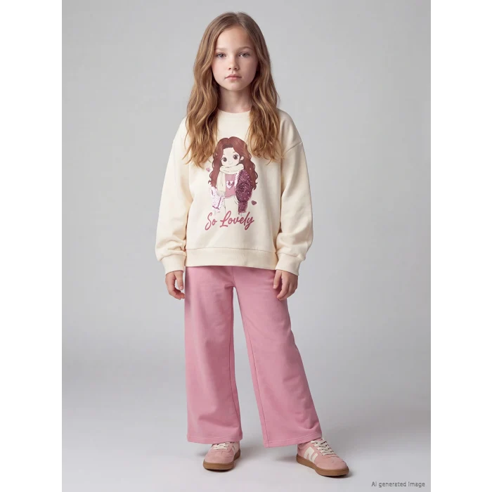 LCW Kids Ekru Baskılı Kız Çocuk Kalın Sweatshirt