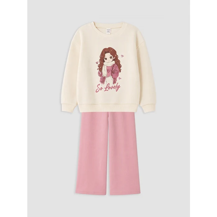 LCW Kids Ekru Baskılı Kız Çocuk Kalın Sweatshirt