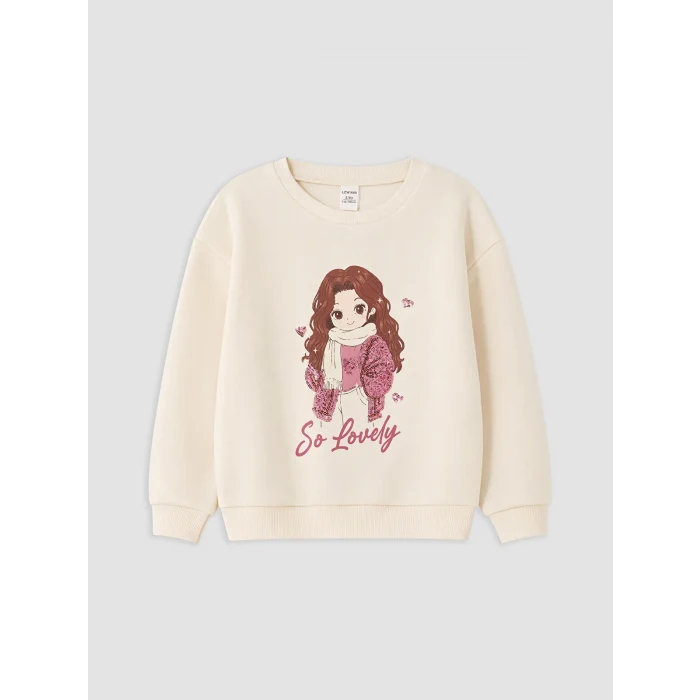 LCW Kids Ekru Baskılı Kız Çocuk Kalın Sweatshirt