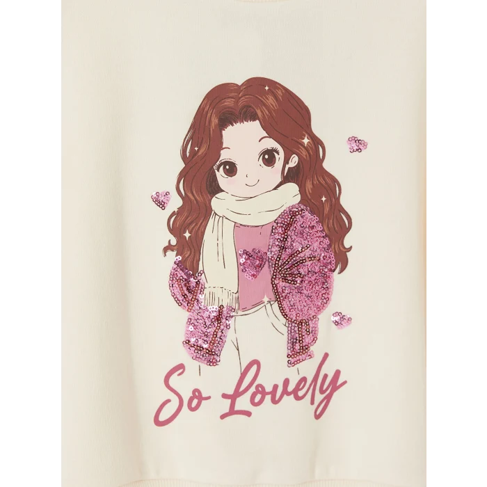 LCW Kids Ekru Baskılı Kız Çocuk Kalın Sweatshirt