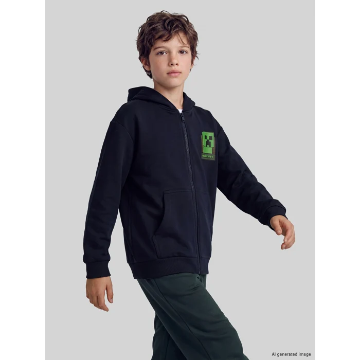 LCW Kids Lacivert Kapüşonlu Minecraft Erkek Çocuk Fermuarlı Sweatshirt