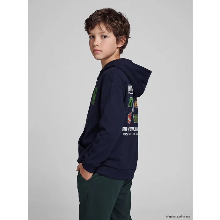 LCW Kids Lacivert Kapüşonlu Minecraft Erkek Çocuk Fermuarlı Sweatshirt