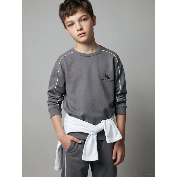 LCW Kids Gri Baskılı Erkek Çocuk Soft Touch Sweatshirt