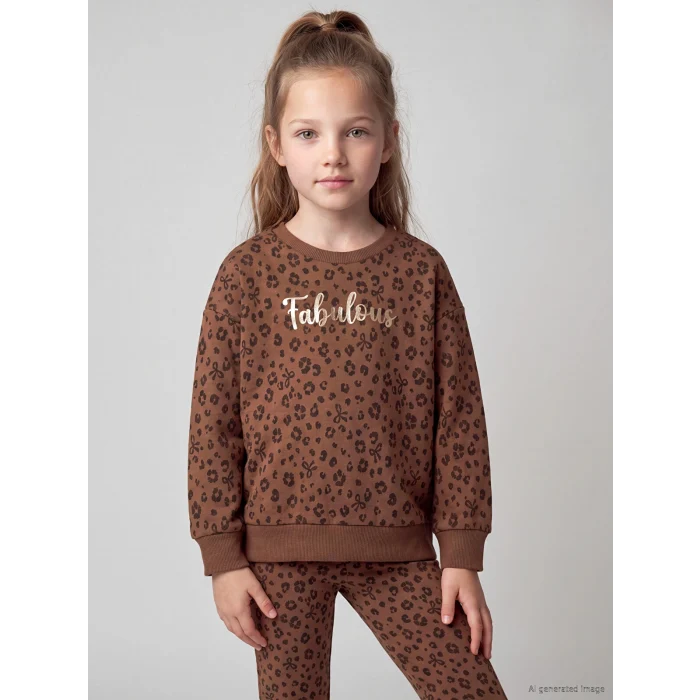LCW Kids Kahverengi Bisiklet Yaka Baskılı Kız Çocuk Takım