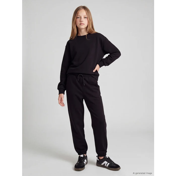 LCW Kids Siyah Bisiklet Yaka Kız Çocuk Eşofman Takım
