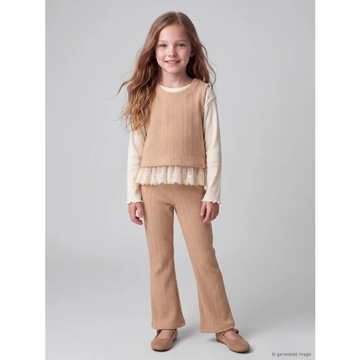 LCW Kids Bej Bisiklet Yaka Kız Çocuk Takım