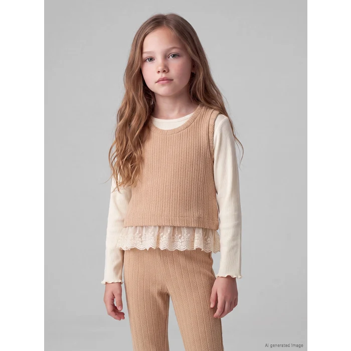 LCW Kids Bej Bisiklet Yaka Kız Çocuk Takım