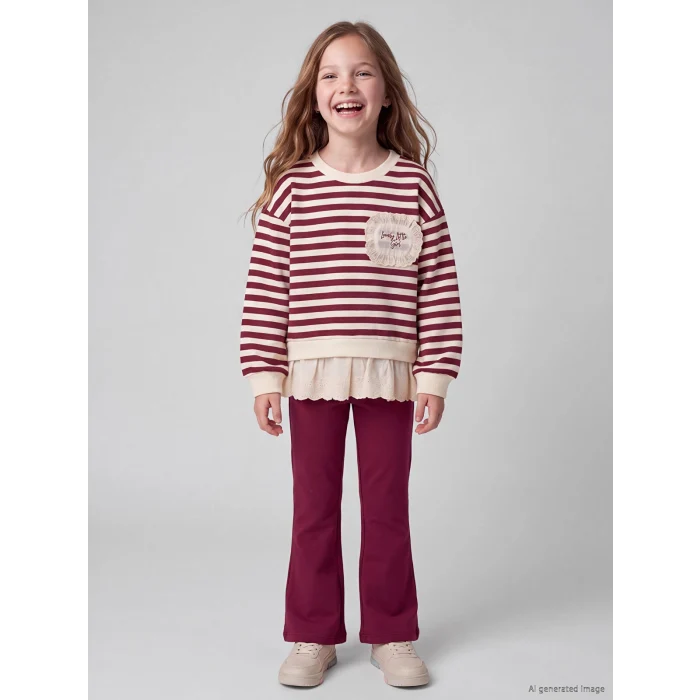 LCW Kids Bordo Fırfırlı Çizgili Kız Çocuk Takım