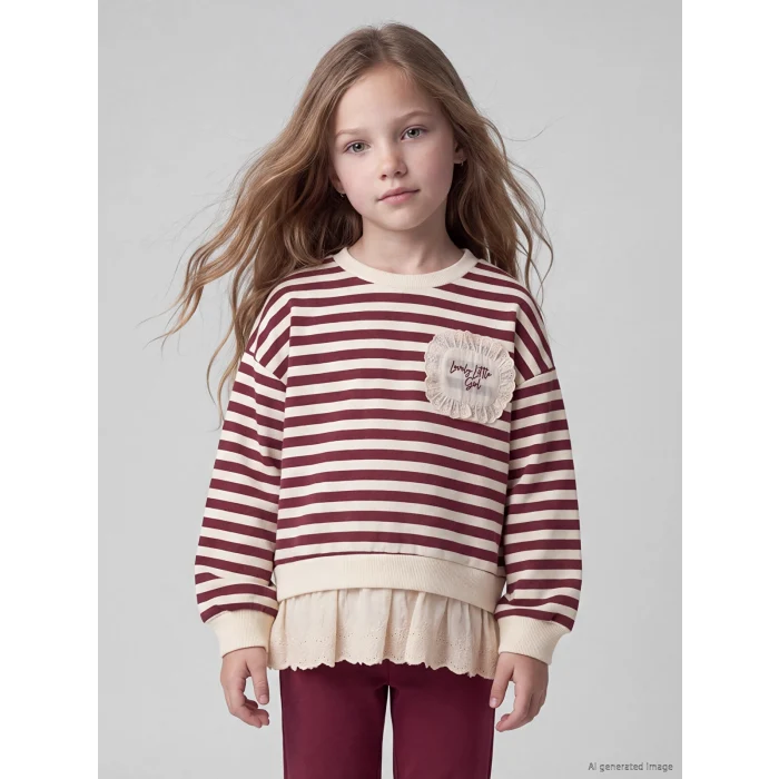 LCW Kids Bordo Fırfırlı Çizgili Kız Çocuk Takım