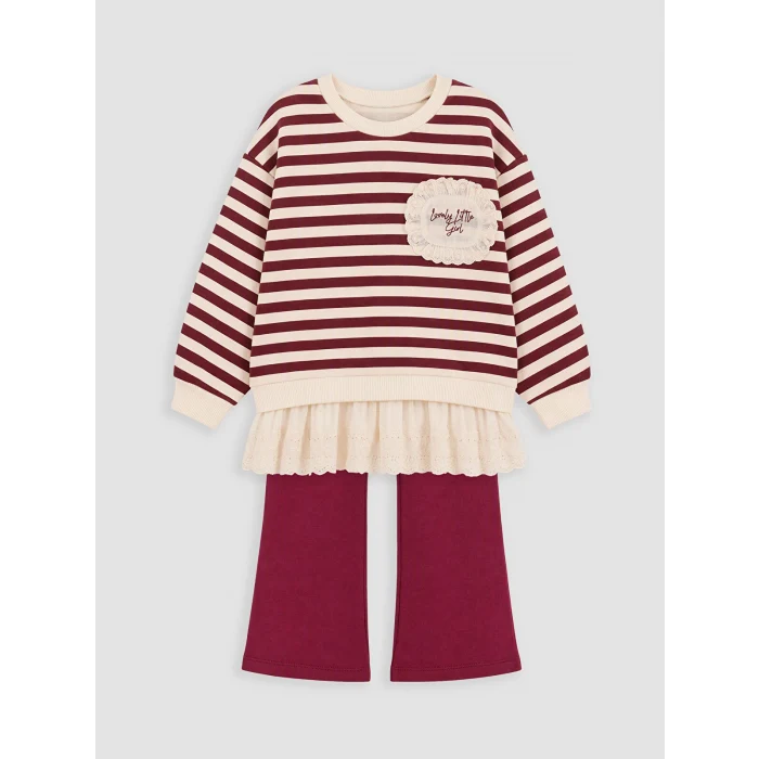 LCW Kids Bordo Fırfırlı Çizgili Kız Çocuk Takım