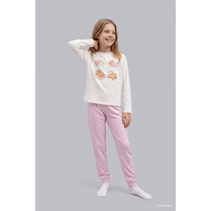 Defacto I3894A8ER105 Ekru %100 Pamuk Baskılı Uzun Kollu Üst Lastikli Paça Alt 2li Pijama Takımı Kız Çocuk