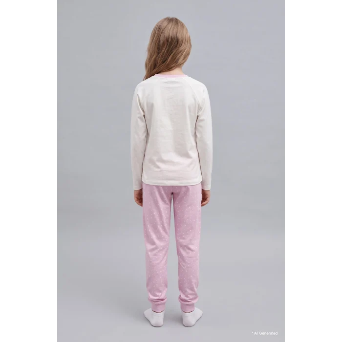 Defacto I3894A8ER105 Ekru %100 Pamuk Baskılı Uzun Kollu Üst Lastikli Paça Alt 2li Pijama Takımı Kız Çocuk