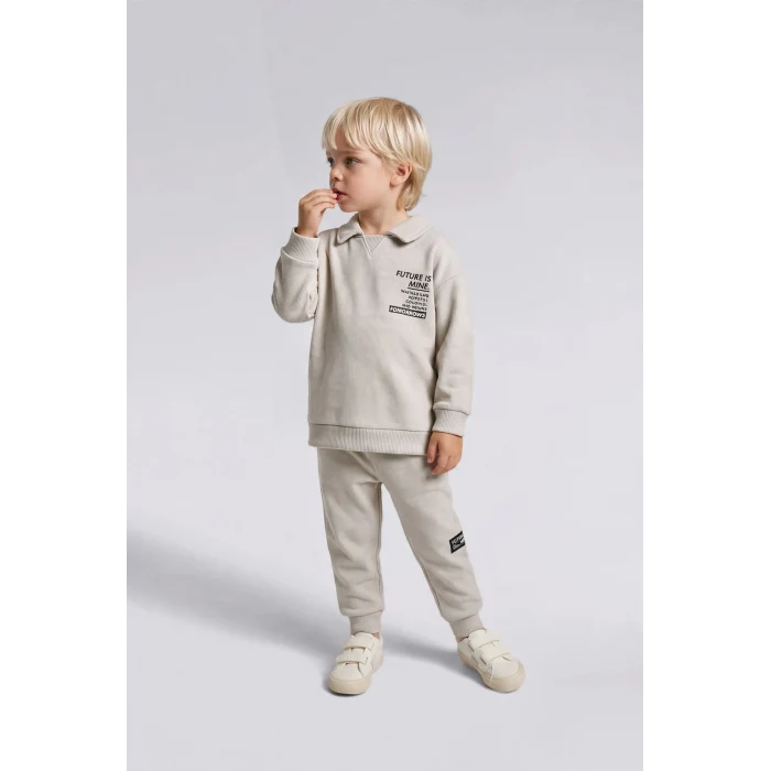 Defacto F9437A5GR470 Gri Baskılı Uzun Kollu Sweatshirt Üst Lastikli Paça Eşofman Altı 2li Takım Erkek Bebek