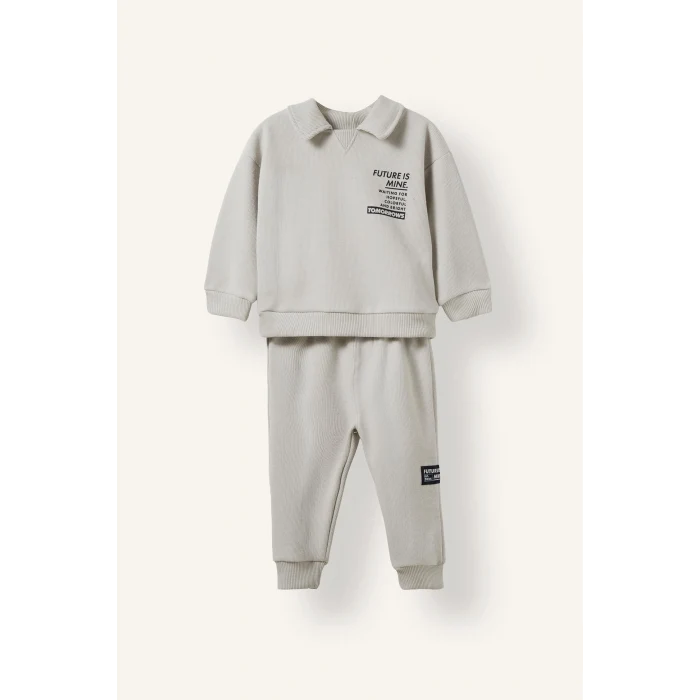 Defacto F9437A5GR470 Gri Baskılı Uzun Kollu Sweatshirt Üst Lastikli Paça Eşofman Altı 2li Takım Erkek Bebek