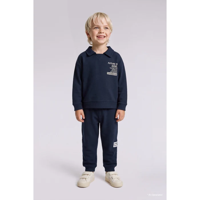 Defacto F9437A5NV71 Lacivert Baskılı Uzun Kollu Sweatshirt Üst Lastikli Paça Eşofman Altı 2li Takım Erkek Bebek