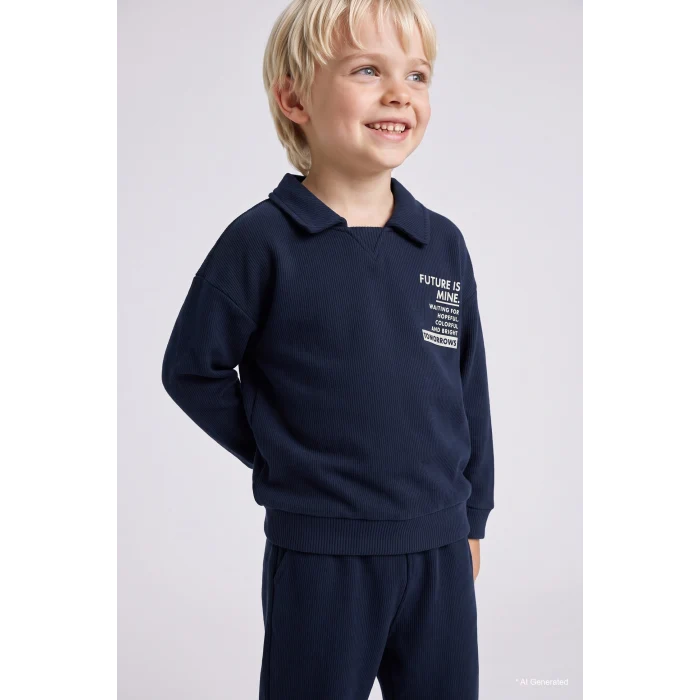 Defacto F9437A5NV71 Lacivert Baskılı Uzun Kollu Sweatshirt Üst Lastikli Paça Eşofman Altı 2li Takım Erkek Bebek