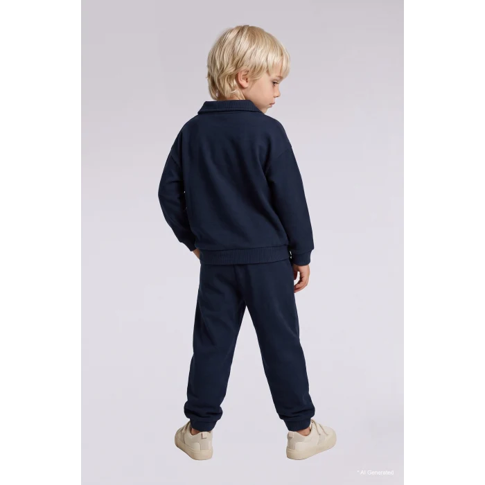 Defacto F9437A5NV71 Lacivert Baskılı Uzun Kollu Sweatshirt Üst Lastikli Paça Eşofman Altı 2li Takım Erkek Bebek