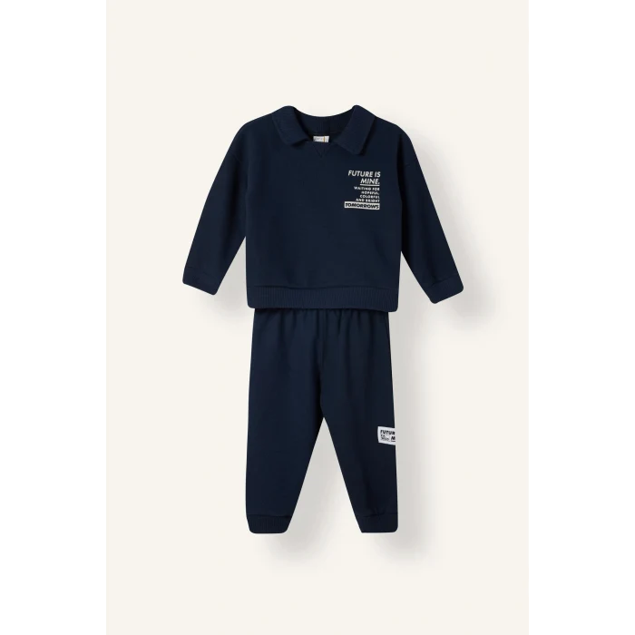 Defacto F9437A5NV71 Lacivert Baskılı Uzun Kollu Sweatshirt Üst Lastikli Paça Eşofman Altı 2li Takım Erkek Bebek