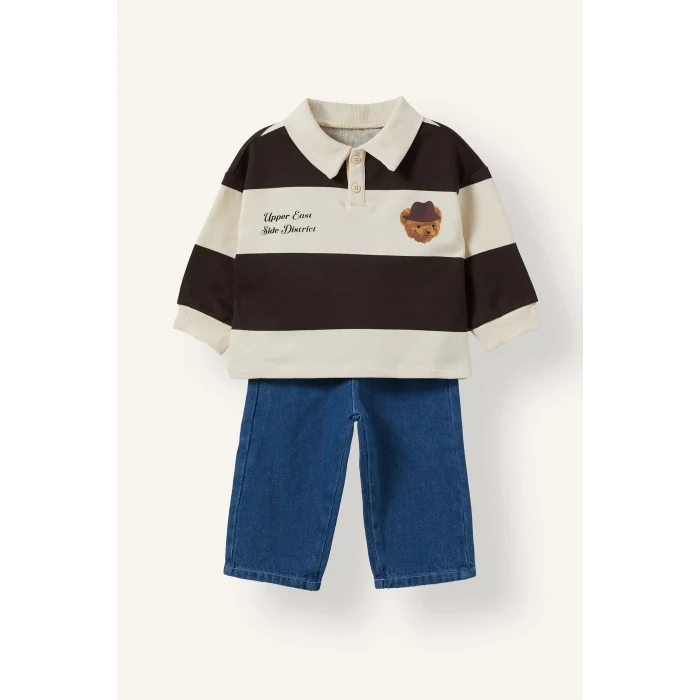 Defacto I3307A5BG734 Bej %100 Pamuk Çizgili Polo Yaka Ayı Desenli Sweatshirt ve Pantolon 2li Takım Erkek Bebek