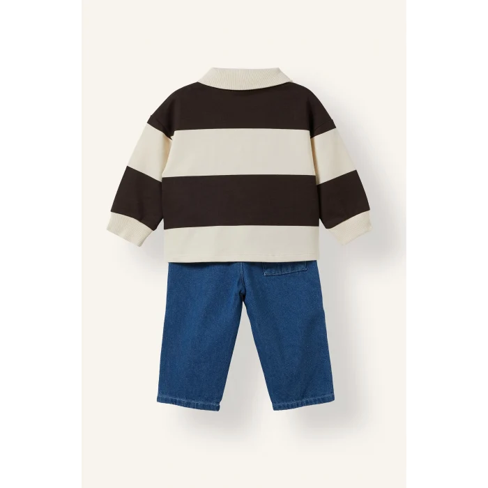 Defacto I3307A5BG734 Bej %100 Pamuk Çizgili Polo Yaka Ayı Desenli Sweatshirt ve Pantolon 2li Takım Erkek Bebek