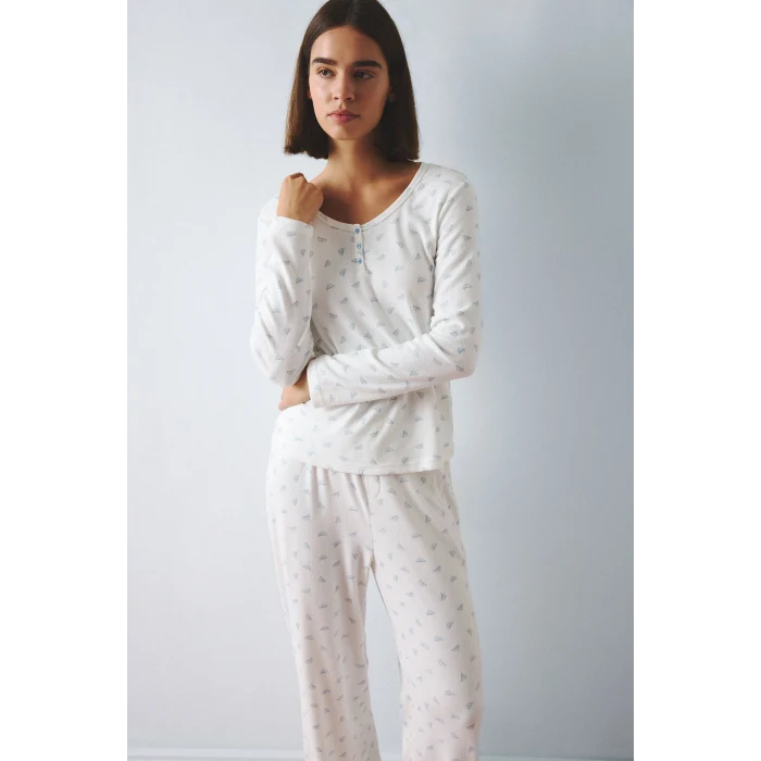 Defacto H8810AXER98 Ekru Regular Fit Desenli Düğmeli Uzun Kollu Pijama Takımı
