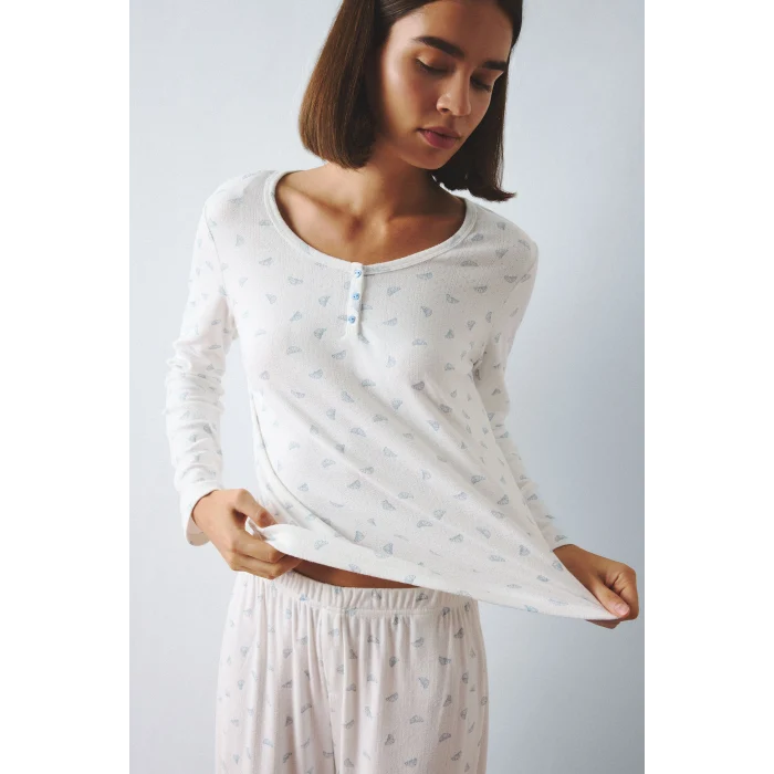 Defacto H8810AXER98 Ekru Regular Fit Desenli Düğmeli Uzun Kollu Pijama Takımı