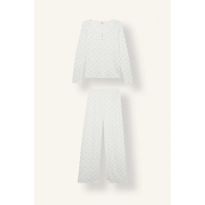 Defacto H8810AXER98 Ekru Regular Fit Desenli Düğmeli Uzun Kollu Pijama Takımı