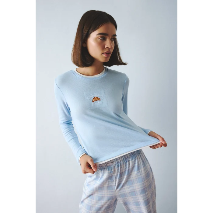 Defacto H8812AXBE343 Mavi %100 Pamuk Slım Fıt Uzun Kollu Baskılı Üst Kareli Alt Ribana Pijama Takımı
