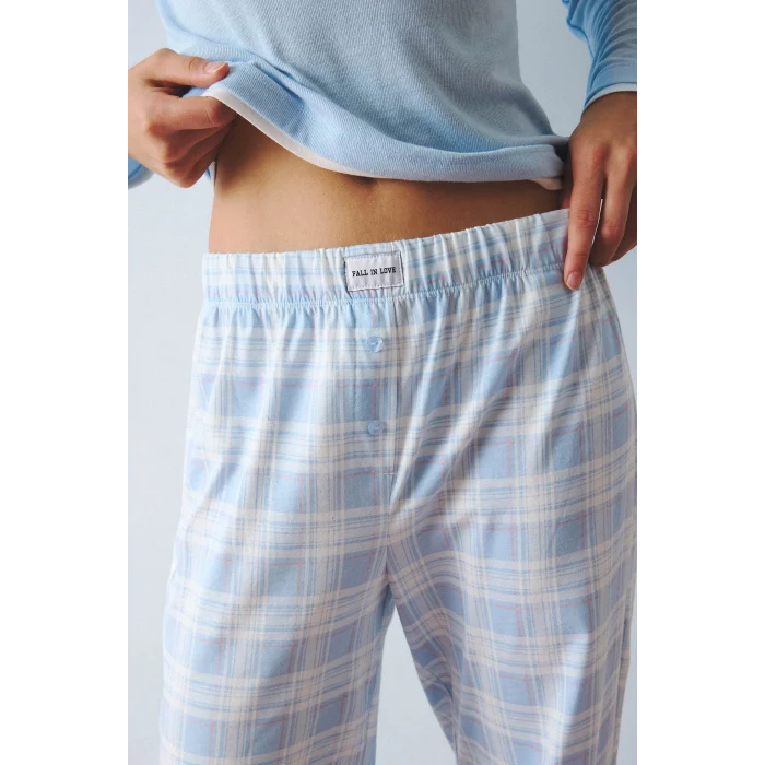 Defacto H8812AXBE343 Mavi %100 Pamuk Slım Fıt Uzun Kollu Baskılı Üst Kareli Alt Ribana Pijama Takımı