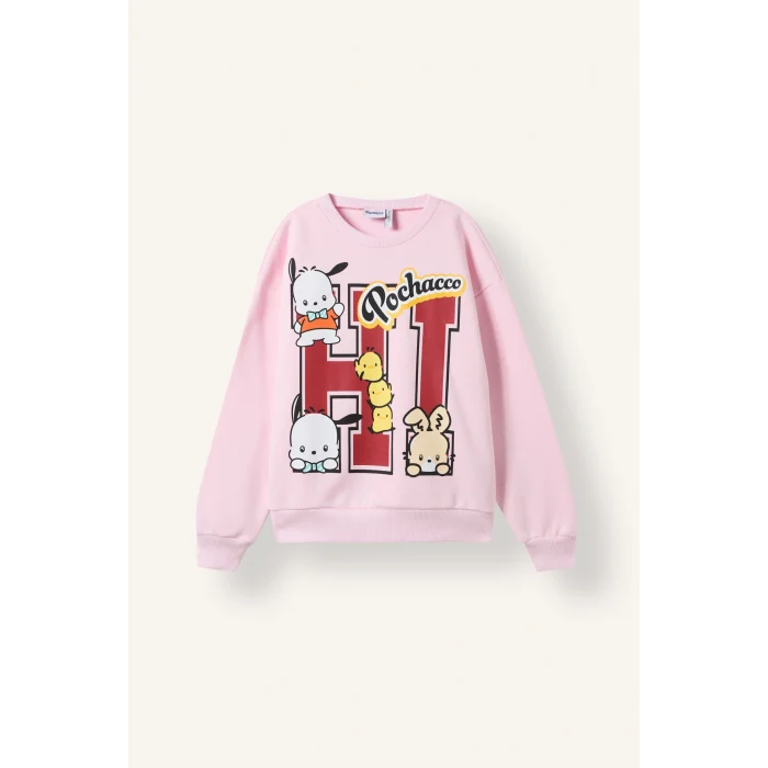 Defacto I5076A8PN633 Pembe Relaxed Fit Bisiklet Yaka Pochacco Baskılı Sweatshirt Kız Çocuk