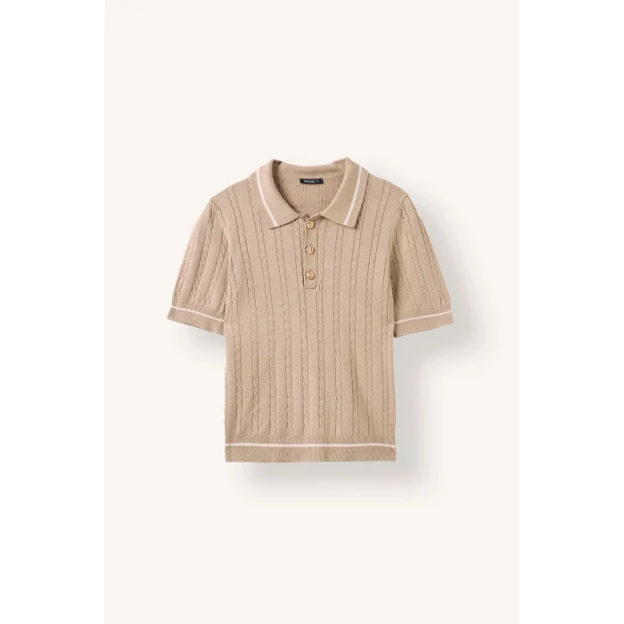 Defacto D9007AXBG451 Bej Kısa Kollu Fitilli Polo Yaka Basic Kazak
